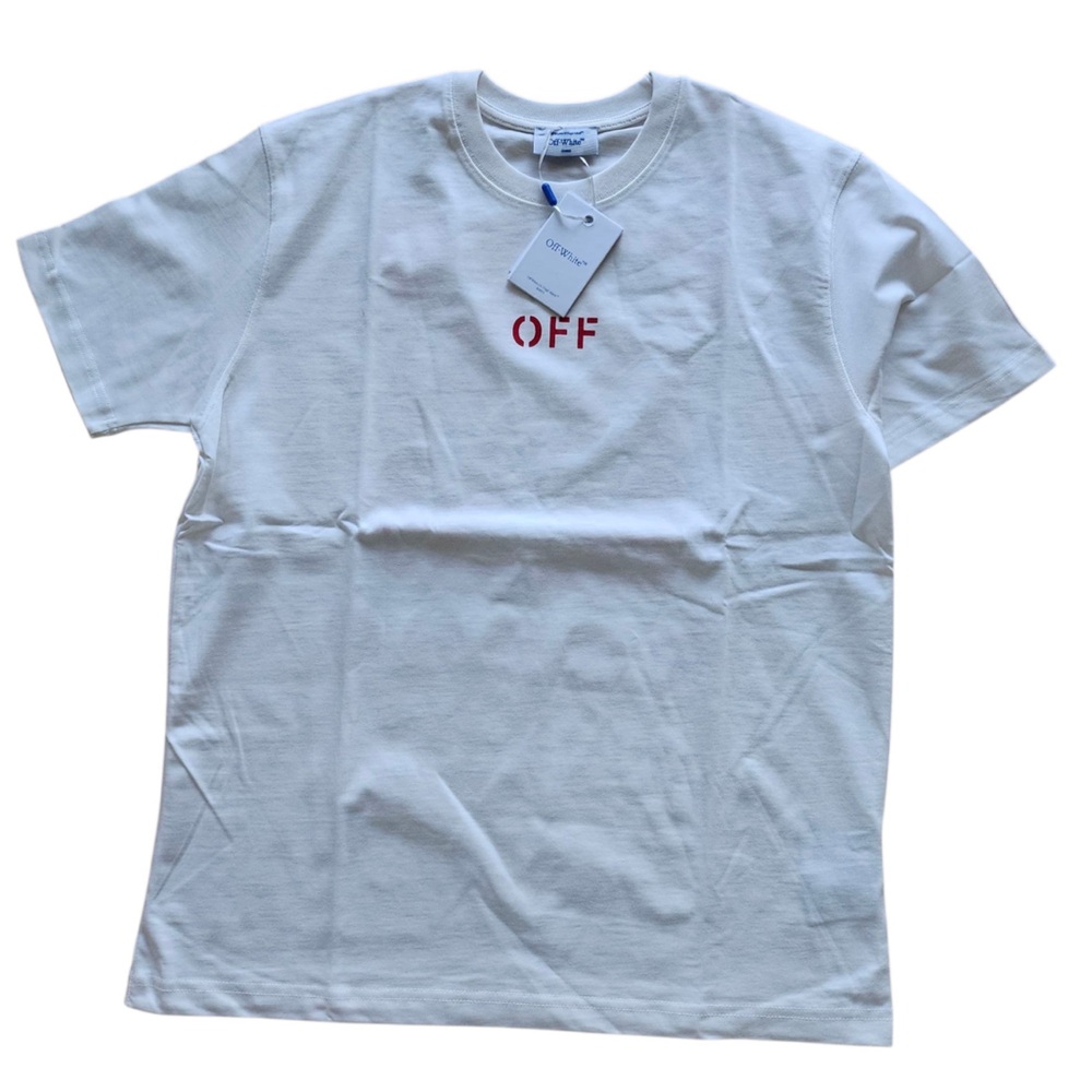 Off-White Men's White Tee with Red Logo